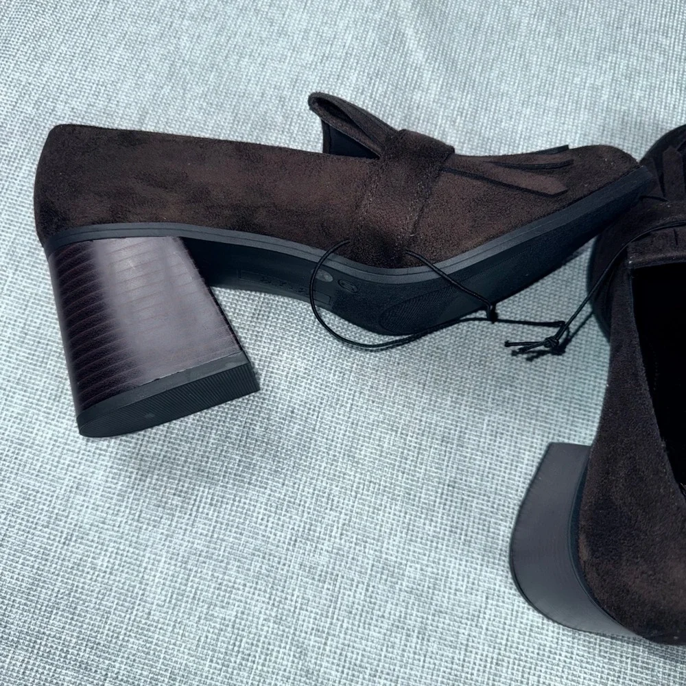 ANA Faxon Chocolate Brown Faux Suede Kiltie Fringe Block Heel Loafers Womens 10M